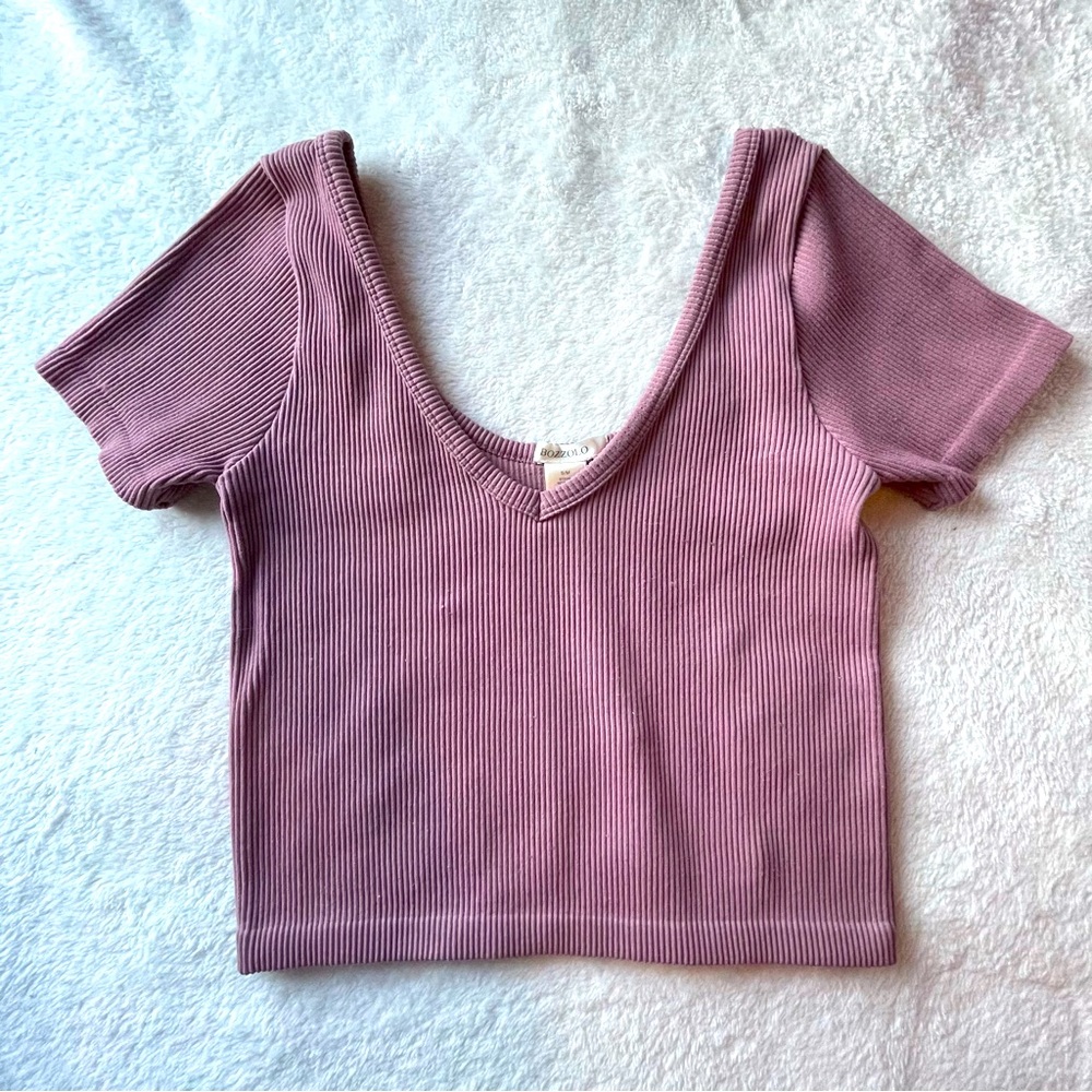 Pink Ribbed V Neck Sleeveless Crop Top